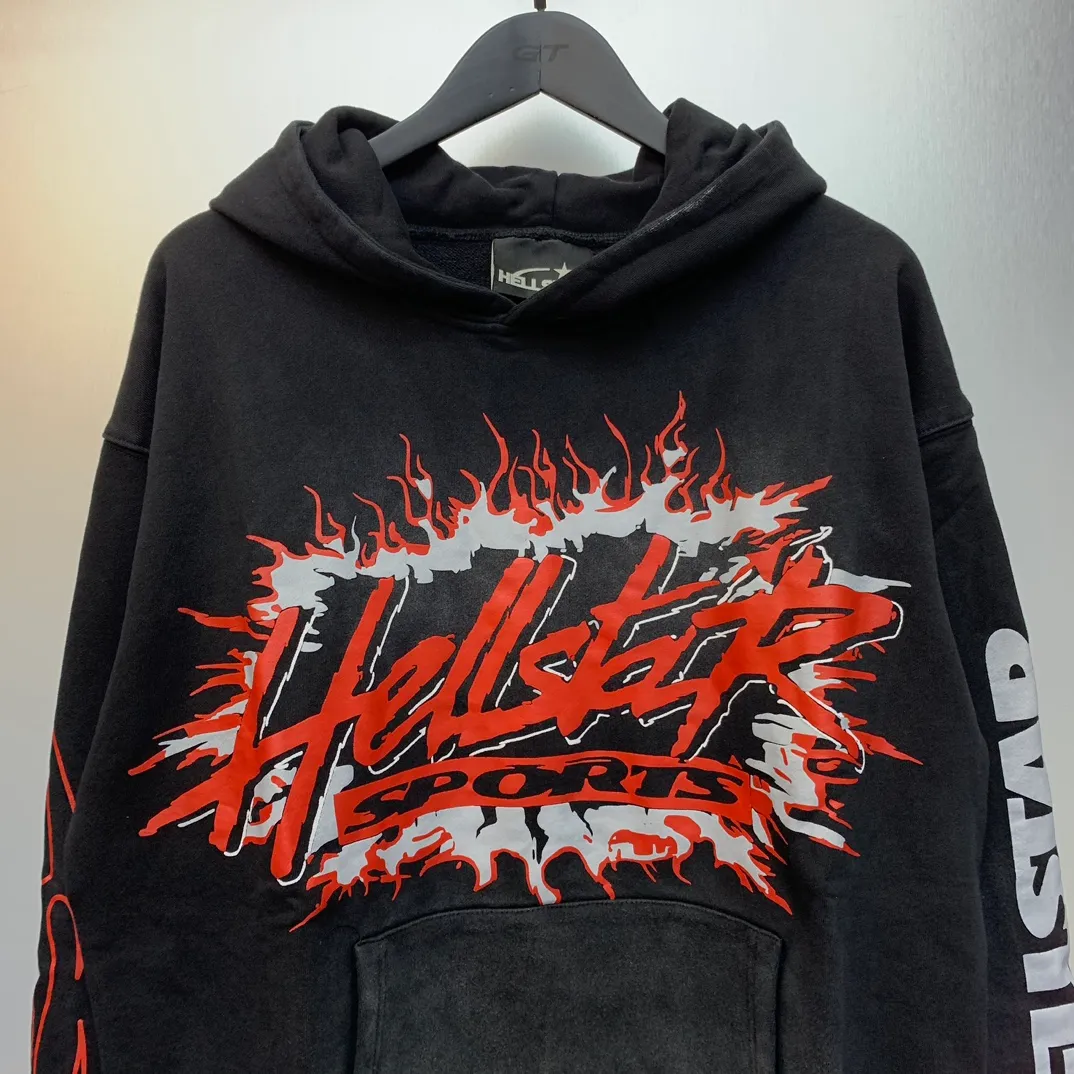 P240 Hellstar Sports Future Flame Hooded Sweatshirt Black American fashion distressed washed high-quality hooded sweatshirt color (color): Vintage Black (washed black) Size (size): S, M, L, XL