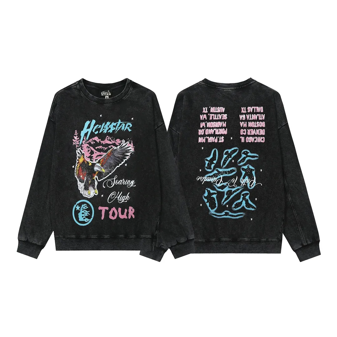 2203# P176 Washed European and American trendy brand Hellstar Washed and distressed American men and women couples casual loose round neck pocketless pullover sweatshirt Color: Black Size: S M L XL