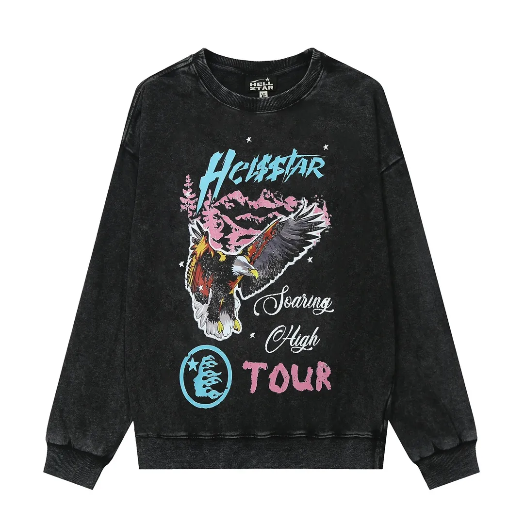 2203# P176 Washed European and American trendy brand Hellstar Washed and distressed American men and women couples casual loose round neck pocketless pullover sweatshirt Color: Black Size: S M L XL