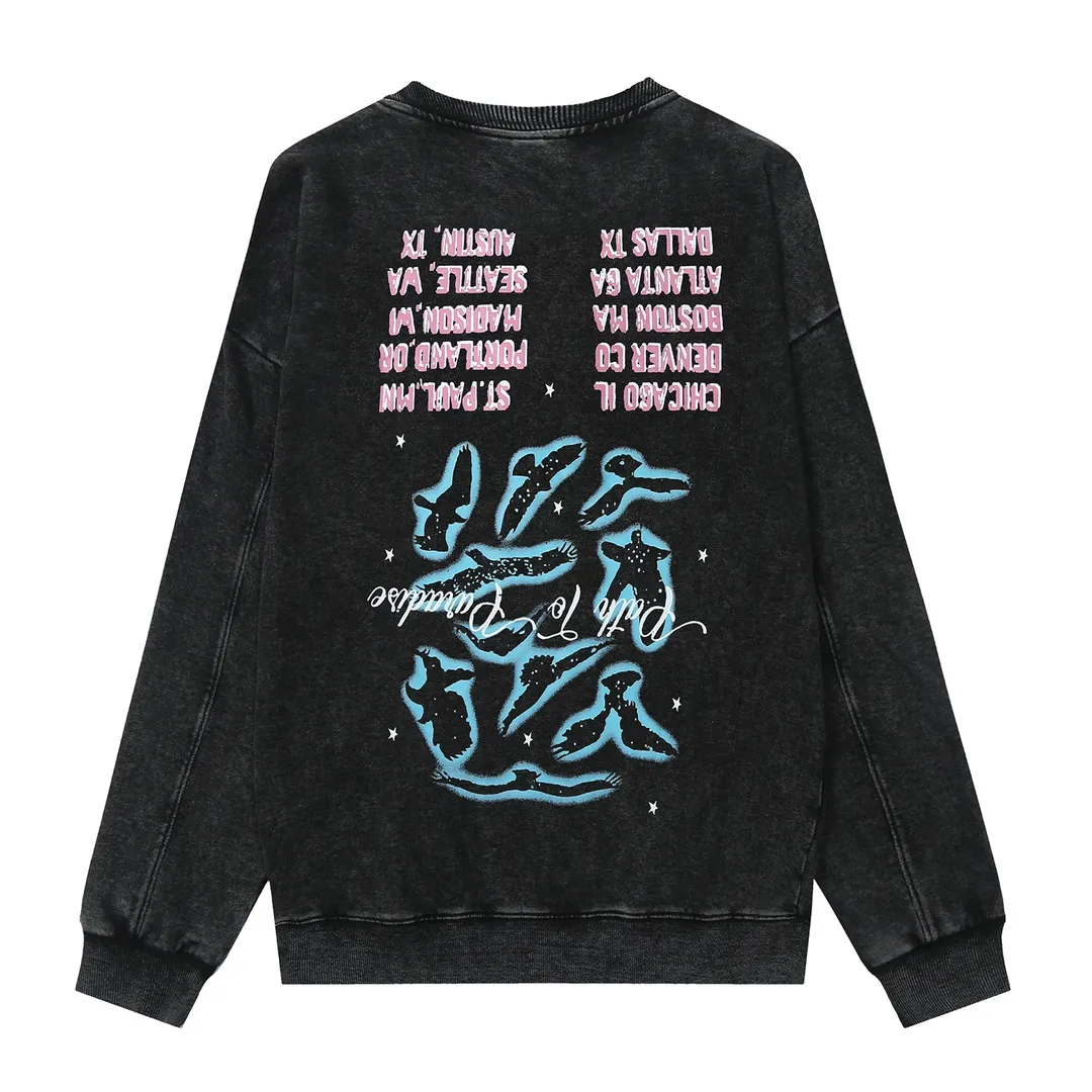 2203# P176 Washed European and American trendy brand Hellstar Washed and distressed American men and women couples casual loose round neck pocketless pullover sweatshirt Color: Black Size: S M L XL