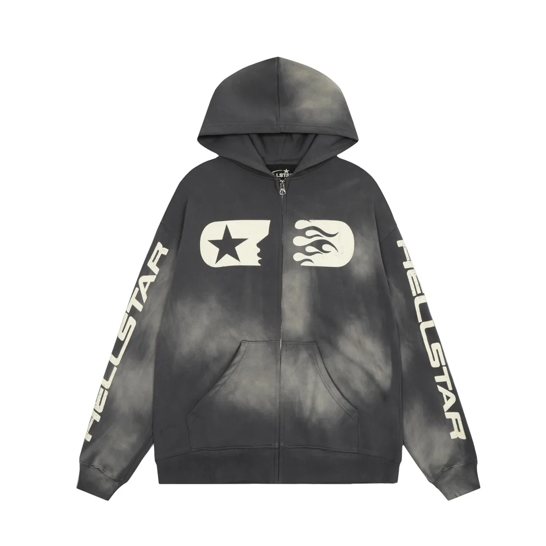 P240 HELLSTAR STUDIOS ZIP HOODIE Beauty and fashion washable water spray Ma Liu distressed hoodie sweatshirt cardigan jacket The new hot beauty trend Hellstar!  Standard beauty and trendy workmanship, original customization (fabric, pattern, printing, hang tag, main mark, etc.), exaggerated style, explosive style, dare to break through tradition, bring adventurous new fashion experience!   YoungBoy, the most popular rapper in the youth circle, has shot a lot of models for him, and celebrities such as Dababy and Swae Lee frequently get dressed!  color: gray Size: S, M, L, XL