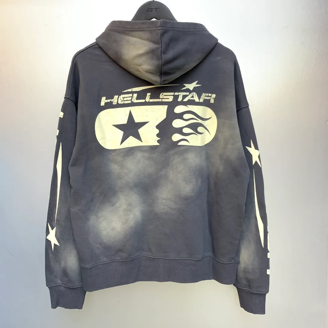 P240 HELLSTAR STUDIOS ZIP HOODIE Beauty and fashion washable water spray Ma Liu distressed hoodie sweatshirt cardigan jacket The new hot beauty trend Hellstar!  Standard beauty and trendy workmanship, original customization (fabric, pattern, printing, hang tag, main mark, etc.), exaggerated style, explosive style, dare to break through tradition, bring adventurous new fashion experience!   YoungBoy, the most popular rapper in the youth circle, has shot a lot of models for him, and celebrities such as Dababy and Swae Lee frequently get dressed!  color: gray Size: S, M, L, XL