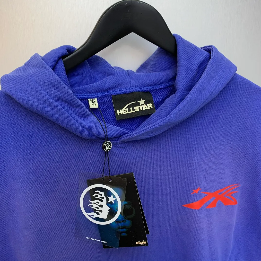 P240 Hellstar Studios Gel Hooded Sweatshirt Blue High-quality fashionable pure cotton distressed sweatshirt hoodie color (color): Vintage BLUE (washed blue) Size (size): S, M, L, XL