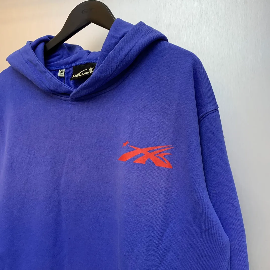 P240 Hellstar Studios Gel Hooded Sweatshirt Blue High-quality fashionable pure cotton distressed sweatshirt hoodie color (color): Vintage BLUE (washed blue) Size (size): S, M, L, XL