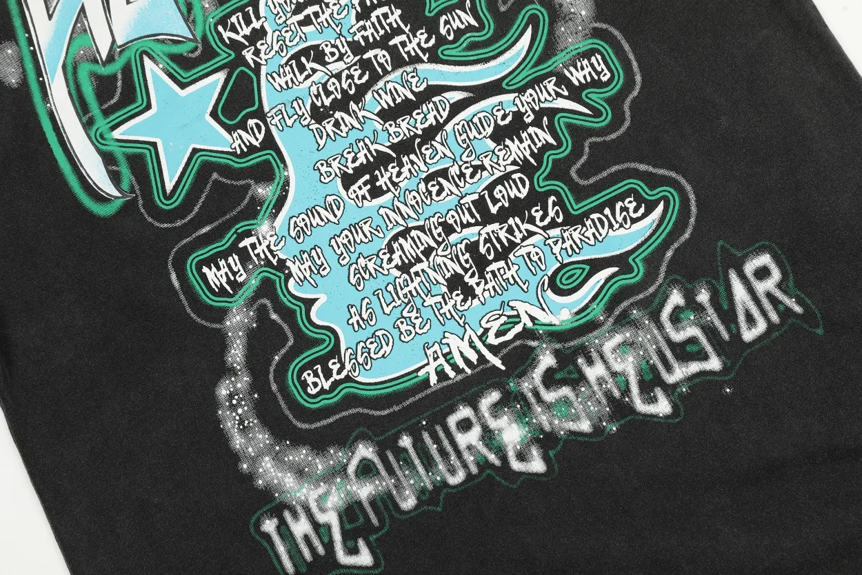 P126 Hellstar Studios The Future Short Sleeve Tee Shirt Washed Black Hellstar Future's washed and distressed short-sleeved T-shirt The new hot beauty trend Hellstar! Standard beauty and trendy workmanship, original customization (fabric, pattern, printing, hang tag, main mark, etc.), exaggerated style, explosive style, dare to break through tradition, bring adventurous new fashion experience!  YoungBoy, the most popular rapper in the youth circle, has shot a lot of models for him, and celebrities such as Dababy and Swae Lee frequently get dressed!  color: Vintage Black (washed black) size: S, M, L, XL