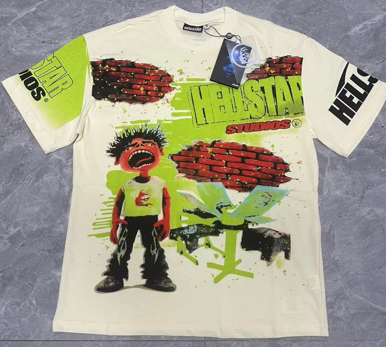 P108 Real-stock Hellstar cross-border European and American style, street fashion brand pure fabric (fabric): 32 pieces of 240g heavy combed double yarn pure cotton code number (size): S-M- L- X L color (colour): apricot/white 👉