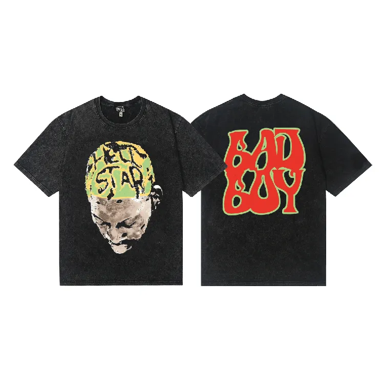 7737# P124 Washed Hellstar Hellstar ins same style retro printed tops for men and women, casual and trendy pure cotton washed short-sleeved T-shirt Color: Black Size: S M L XL