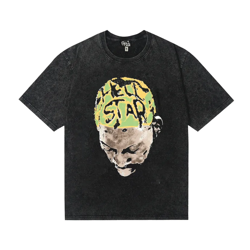 7737# P124 Washed Hellstar Hellstar ins same style retro printed tops for men and women, casual and trendy pure cotton washed short-sleeved T-shirt Color: Black Size: S M L XL