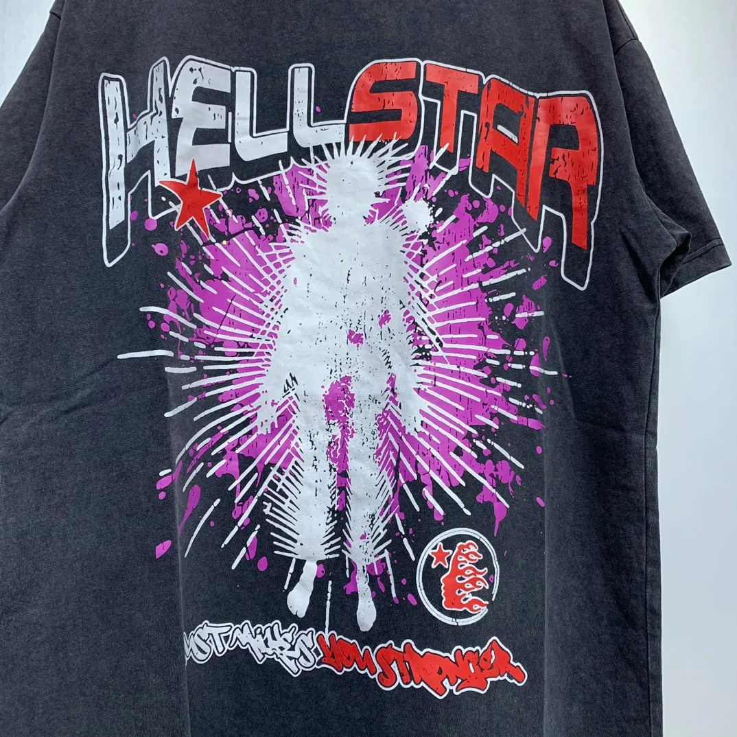 P134 Custom Cut and sew garment in Los Angeles. Dyed and potassium sprayed with jumbo screen print. Fits slightly oversized. Gentle wash tumble dry. Dry clean preferred Newly popular Hellstar short-sleeved T-shirt!   Standard beauty and trendy workmanship, original customization (fabric, pattern, printing, hang tag, main mark, etc.), exaggerated style, explosive style, dare to break through tradition, bring adventurous new fashion experience!  YoungBoy, the most popular rapper in the youth circle, has shot a lot of models for him, and celebrities such as Dababy and Swae Lee frequently get dressed!  color: Vintage Black (washed black)
