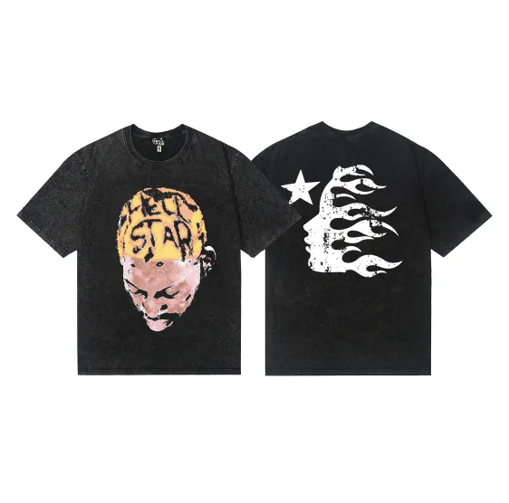 7736# P124 Washed Hellstar Hellstar ins same style retro printed tops for men and women, casual and trendy pure cotton washed short-sleeved T-shirt Color: Black Size: S M L XL