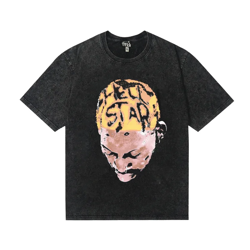7736# P124 Washed Hellstar Hellstar ins same style retro printed tops for men and women, casual and trendy pure cotton washed short-sleeved T-shirt Color: Black Size: S M L XL