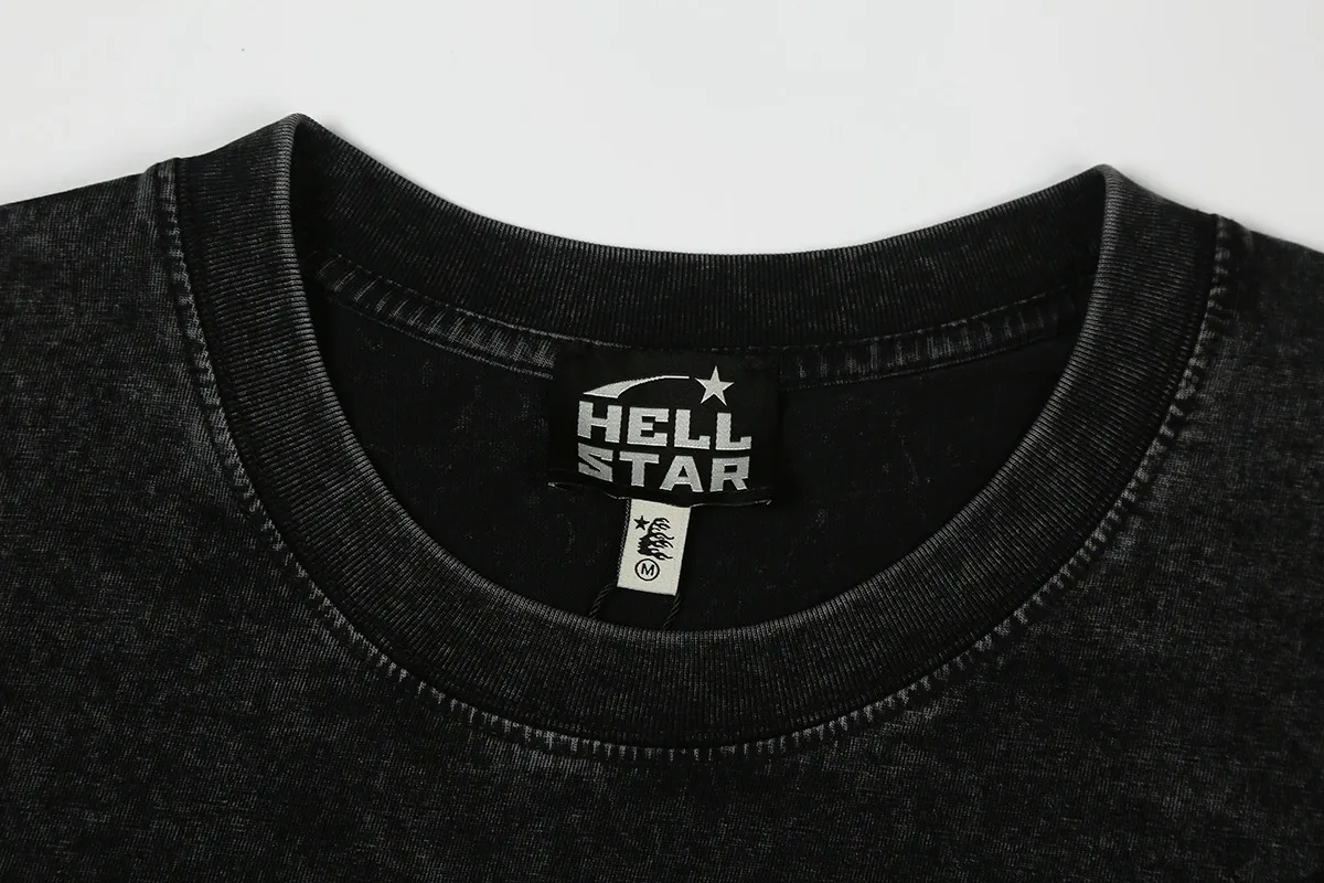 7736# P124 Washed Hellstar Hellstar ins same style retro printed tops for men and women, casual and trendy pure cotton washed short-sleeved T-shirt Color: Black Size: S M L XL