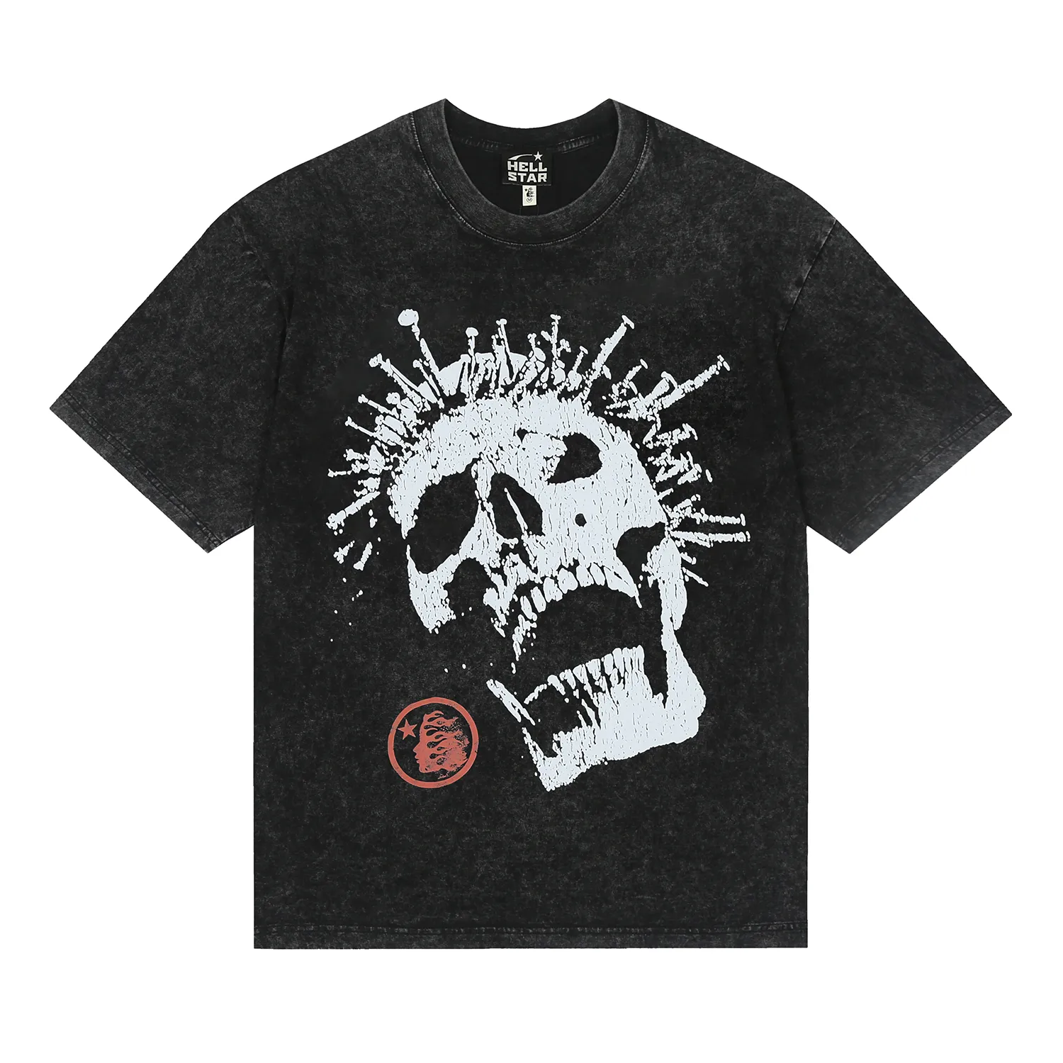 7727# P124 Washed Hellstar Hellstar ins same style retro printed tops for men and women, casual and trendy pure cotton washed short-sleeved T-shirt Color: Black Size: S M L XL