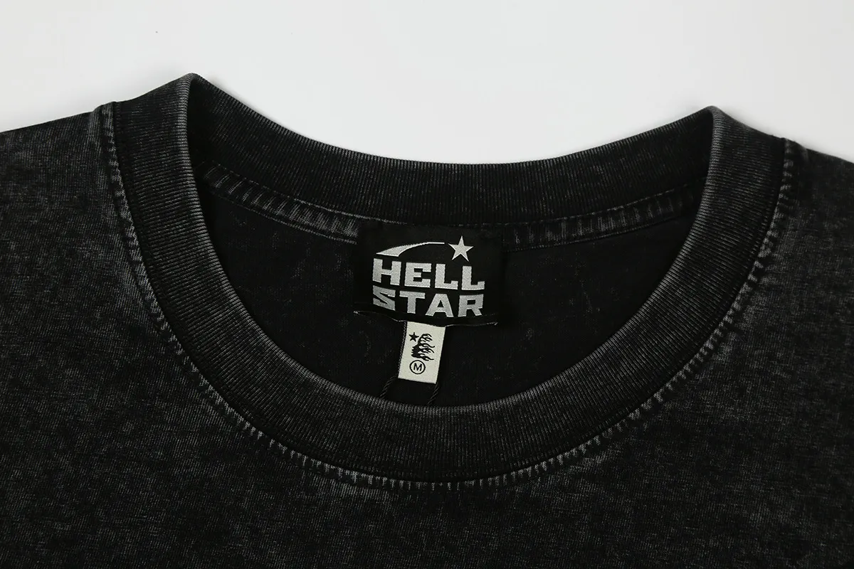 7727# P124 Washed Hellstar Hellstar ins same style retro printed tops for men and women, casual and trendy pure cotton washed short-sleeved T-shirt Color: Black Size: S M L XL