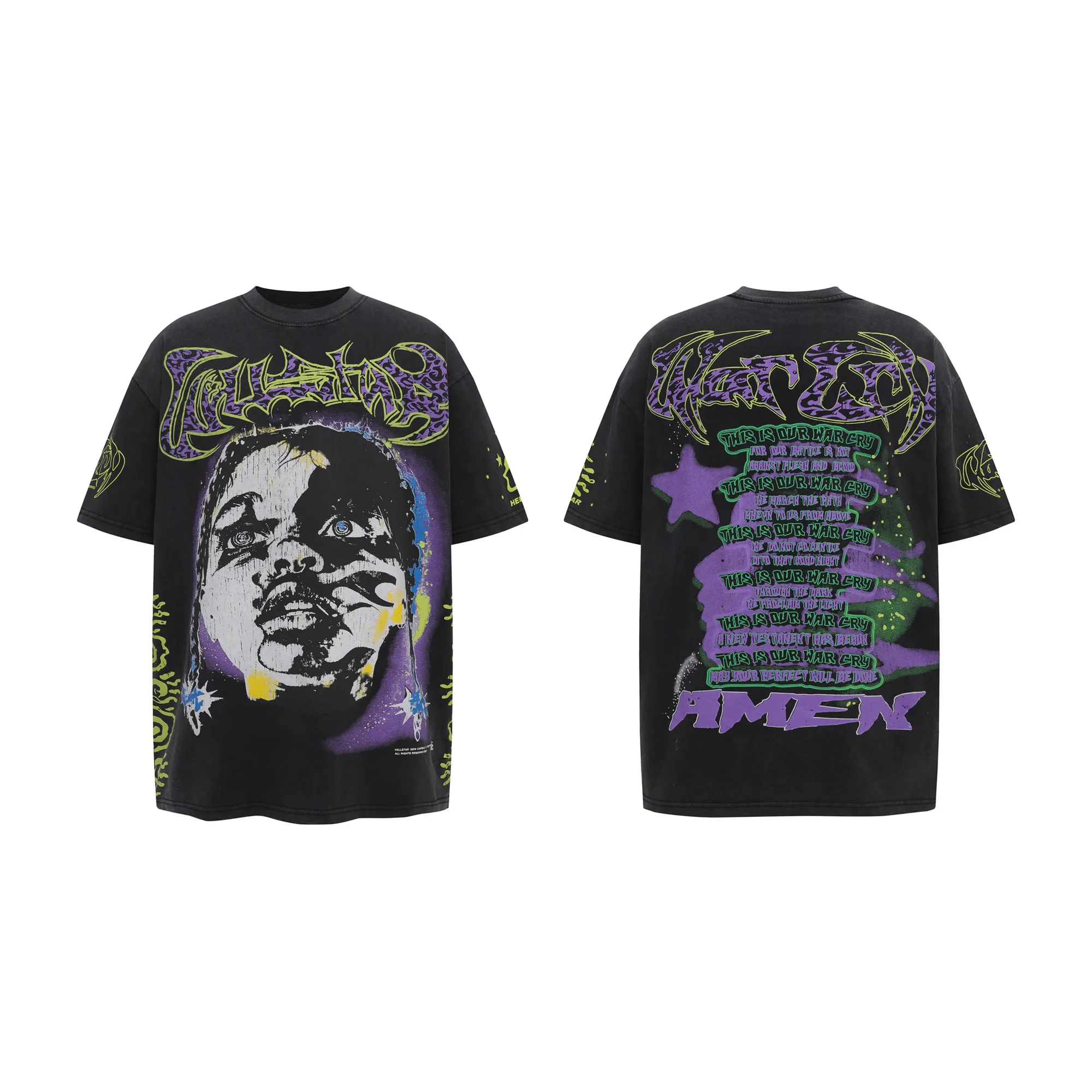 P134 HELLSTAR Washed and Distressed Retro Portrait Printed Hip-Hop Loose Short-Sleeved T-shirt The new hot beauty trend Hellstar!  Standard beauty and trendy workmanship, original customization (fabric, pattern, printing, hangtag, main mark, etc.), exaggerated style, explosive style, dare to break through tradition, bring adventurous new fashion experience!   YoungBoy, the most popular rapper in the youth circle, has shot a lot of models for him, and celebrities such as Dababy and Swae Lee frequently get dressed!  color: black Size: S, M, L, XL