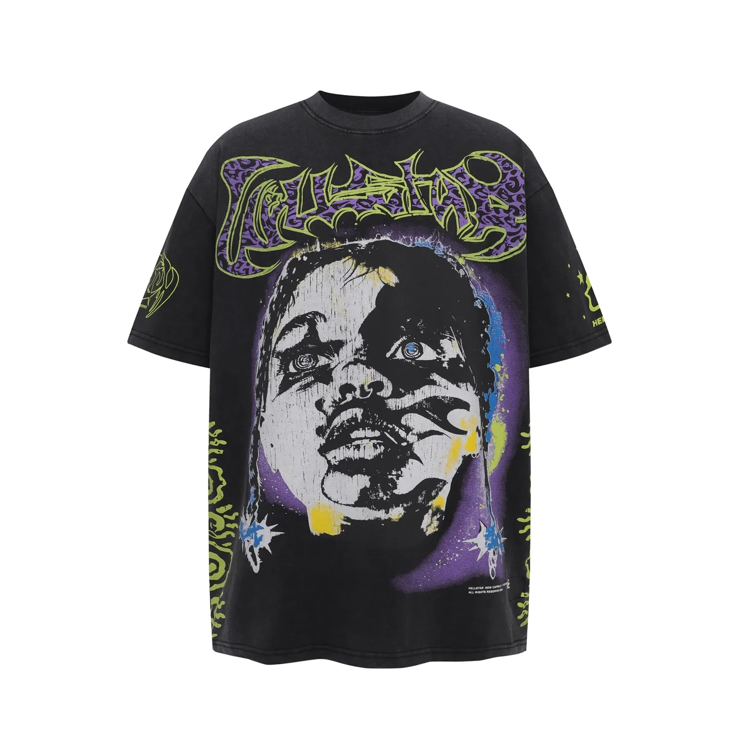 P134 HELLSTAR Washed and Distressed Retro Portrait Printed Hip-Hop Loose Short-Sleeved T-shirt The new hot beauty trend Hellstar!  Standard beauty and trendy workmanship, original customization (fabric, pattern, printing, hangtag, main mark, etc.), exaggerated style, explosive style, dare to break through tradition, bring adventurous new fashion experience!   YoungBoy, the most popular rapper in the youth circle, has shot a lot of models for him, and celebrities such as Dababy and Swae Lee frequently get dressed!  color: black Size: S, M, L, XL