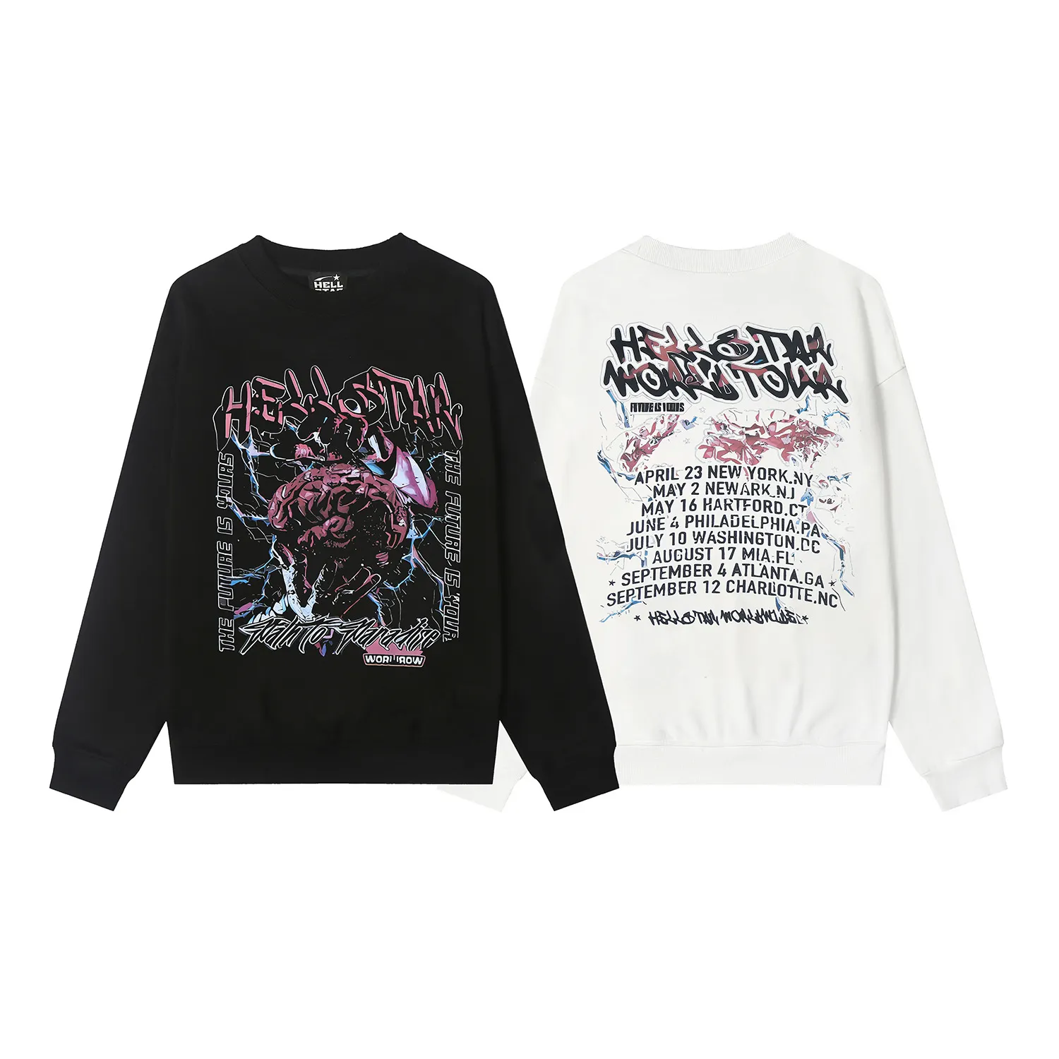 8832# P160 Hellstar high-quality Hellstar American trendy printed cotton terry crew neck sweatshirt Color: White Black Size: S M L XL