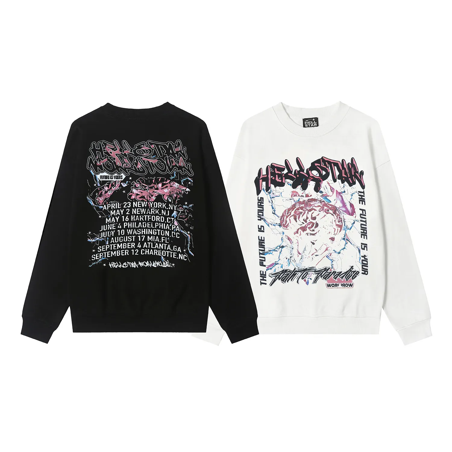 8832# P160 Hellstar high-quality Hellstar American trendy printed cotton terry crew neck sweatshirt Color: White Black Size: S M L XL