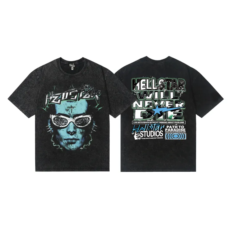 7743# P124 Washed Hellstar Hellstar ins same style retro printed tops for men and women, casual and trendy pure cotton washed short-sleeved T-shirt Color: Black Size: S M L XL