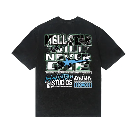 7743# P124 Washed Hellstar Hellstar ins same style retro printed tops for men and women, casual and trendy pure cotton washed short-sleeved T-shirt Color: Black Size: S M L XL