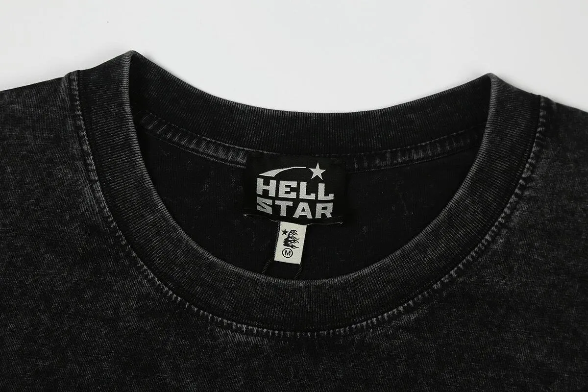 7743# P124 Washed Hellstar Hellstar ins same style retro printed tops for men and women, casual and trendy pure cotton washed short-sleeved T-shirt Color: Black Size: S M L XL