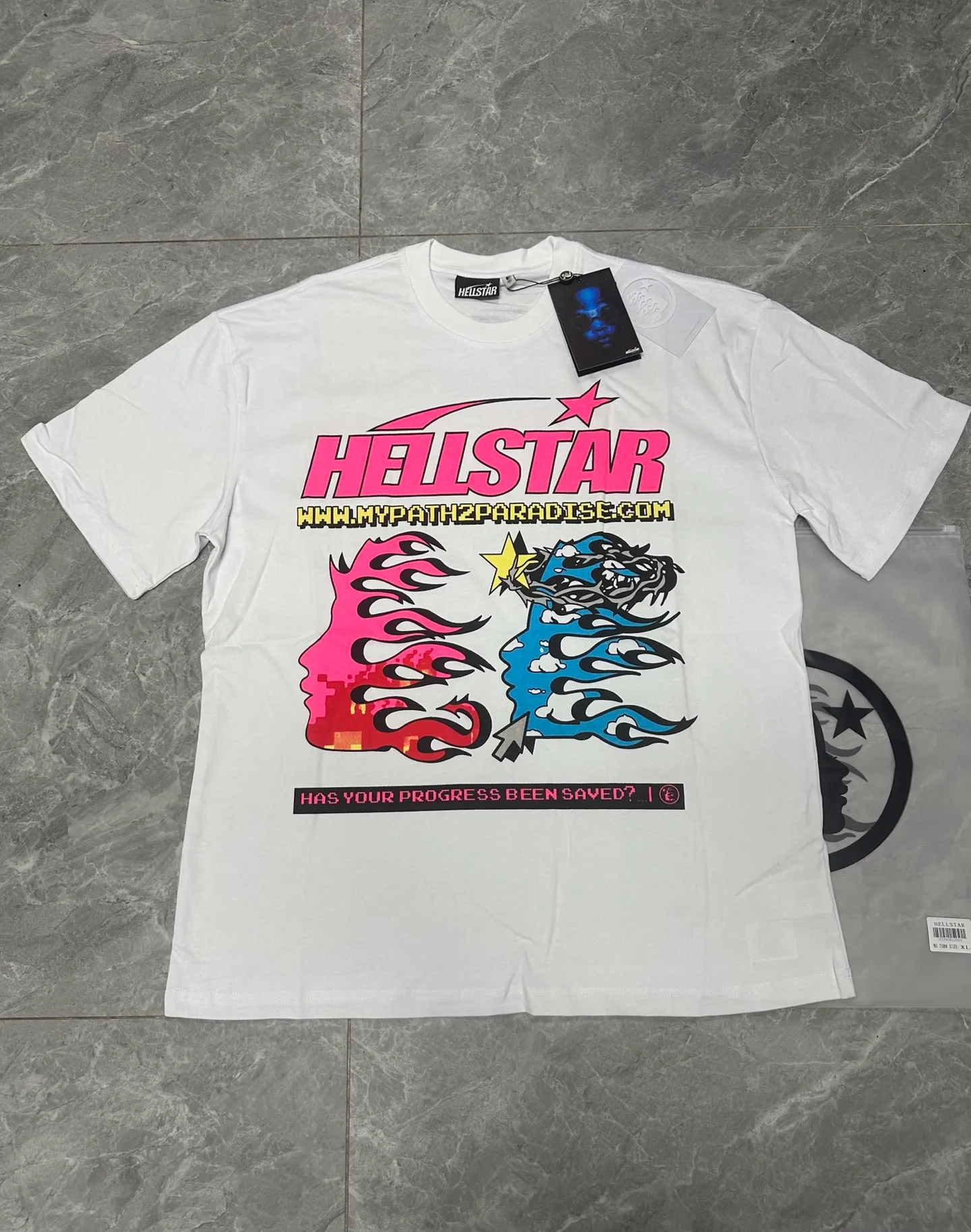 P108 Real-stock Hellstar Cross-border European and American style street brand pure cotton T-shirt Fabric (fabric): 32 counts of 240g heavy combed double yarn pure cotton Size (size): S-M- L- X L Color (colour): white