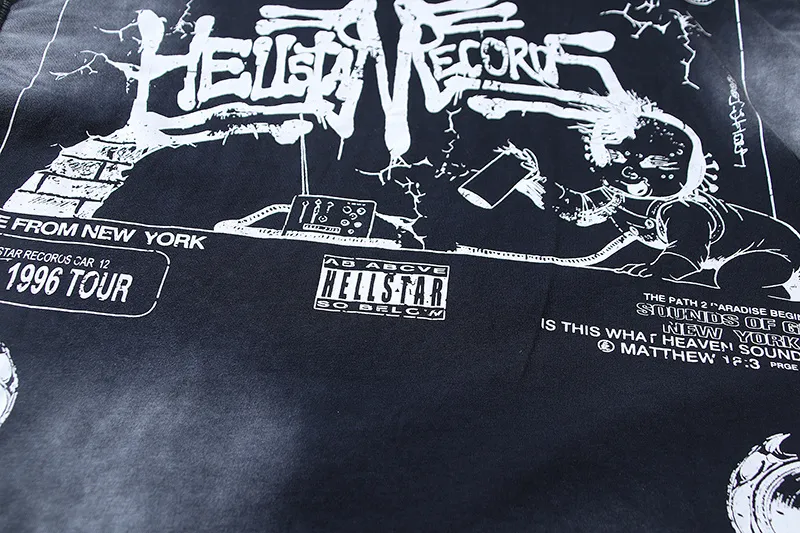 P130 Washed Black + Frayed Real Shots Hellstar Washed, Frayed and Reversed Fashion Printed Short-sleeved T-shirt Fabric: 265g 32 count fine cotton double yarn pure cotton Color: Washed Black Size: S M L XL