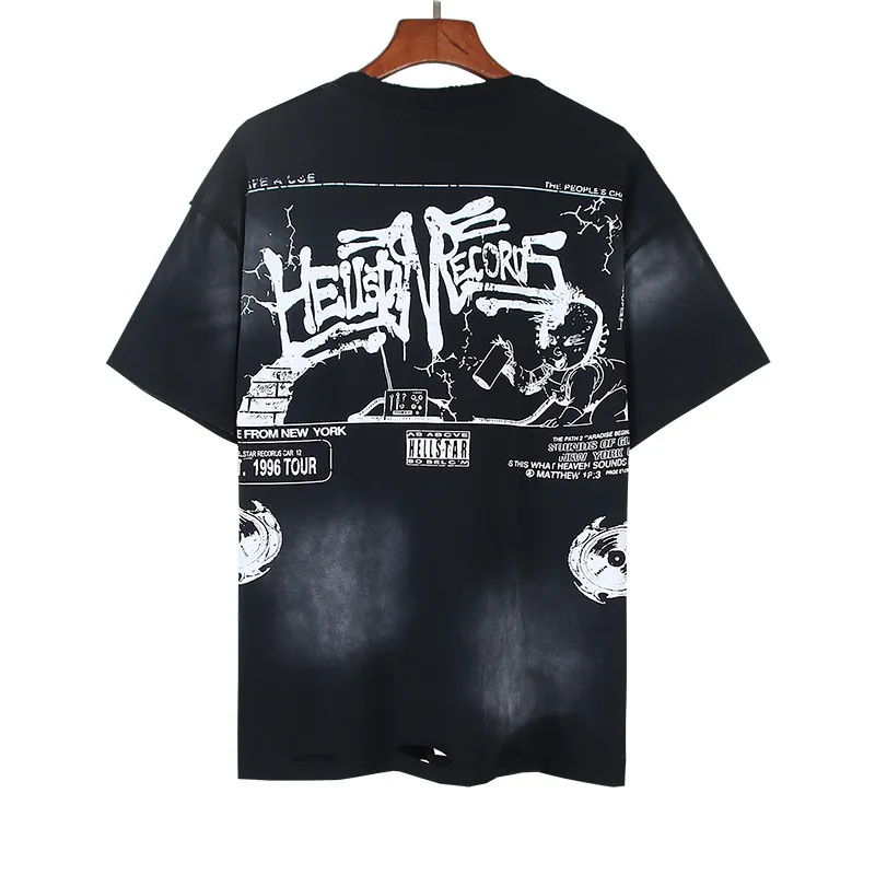 P130 Washed Black + Frayed Real Shots Hellstar Washed, Frayed and Reversed Fashion Printed Short-sleeved T-shirt Fabric: 265g 32 count fine cotton double yarn pure cotton Color: Washed Black Size: S M L XL