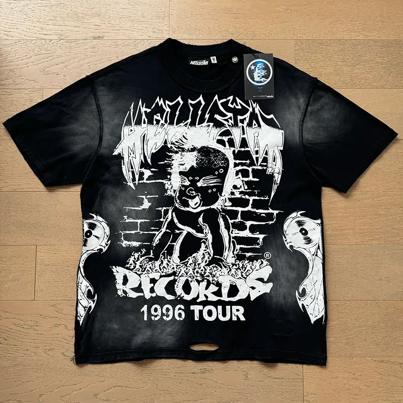 P130 Washed Black + Frayed Real Shots Hellstar Washed, Frayed and Reversed Fashion Printed Short-sleeved T-shirt Fabric: 265g 32 count fine cotton double yarn pure cotton Color: Washed Black Size: S M L XL