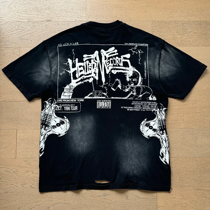 P130 Washed Black + Frayed Real Shots Hellstar Washed, Frayed and Reversed Fashion Printed Short-sleeved T-shirt Fabric: 265g 32 count fine cotton double yarn pure cotton Color: Washed Black Size: S M L XL