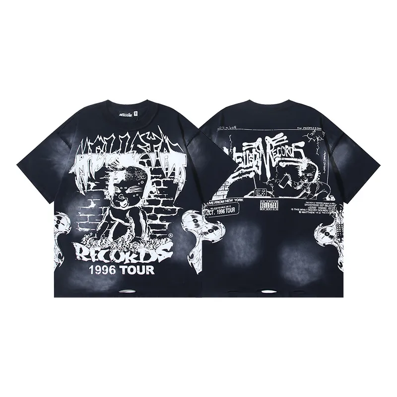 P130 Washed Black + Frayed Real Shots Hellstar Washed, Frayed and Reversed Fashion Printed Short-sleeved T-shirt Fabric: 265g 32 count fine cotton double yarn pure cotton Color: Washed Black Size: S M L XL