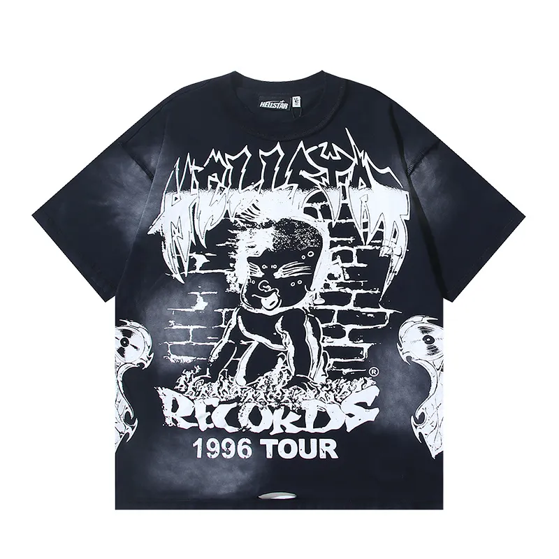 P130 Washed Black + Frayed Real Shots Hellstar Washed, Frayed and Reversed Fashion Printed Short-sleeved T-shirt Fabric: 265g 32 count fine cotton double yarn pure cotton Color: Washed Black Size: S M L XL