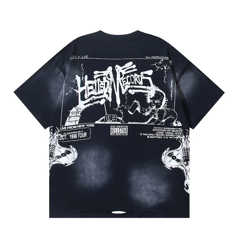 P130 Washed Black + Frayed Real Shots Hellstar Washed, Frayed and Reversed Fashion Printed Short-sleeved T-shirt Fabric: 265g 32 count fine cotton double yarn pure cotton Color: Washed Black Size: S M L XL
