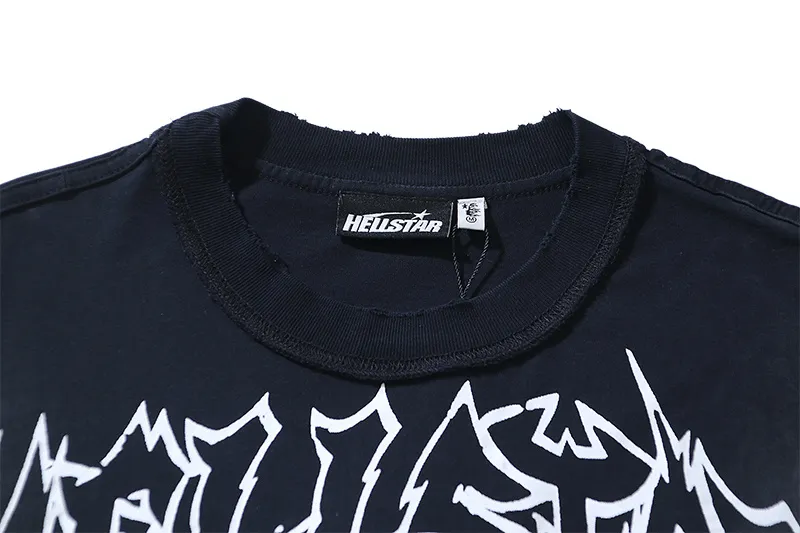 P130 Washed Black + Frayed Real Shots Hellstar Washed, Frayed and Reversed Fashion Printed Short-sleeved T-shirt Fabric: 265g 32 count fine cotton double yarn pure cotton Color: Washed Black Size: S M L XL