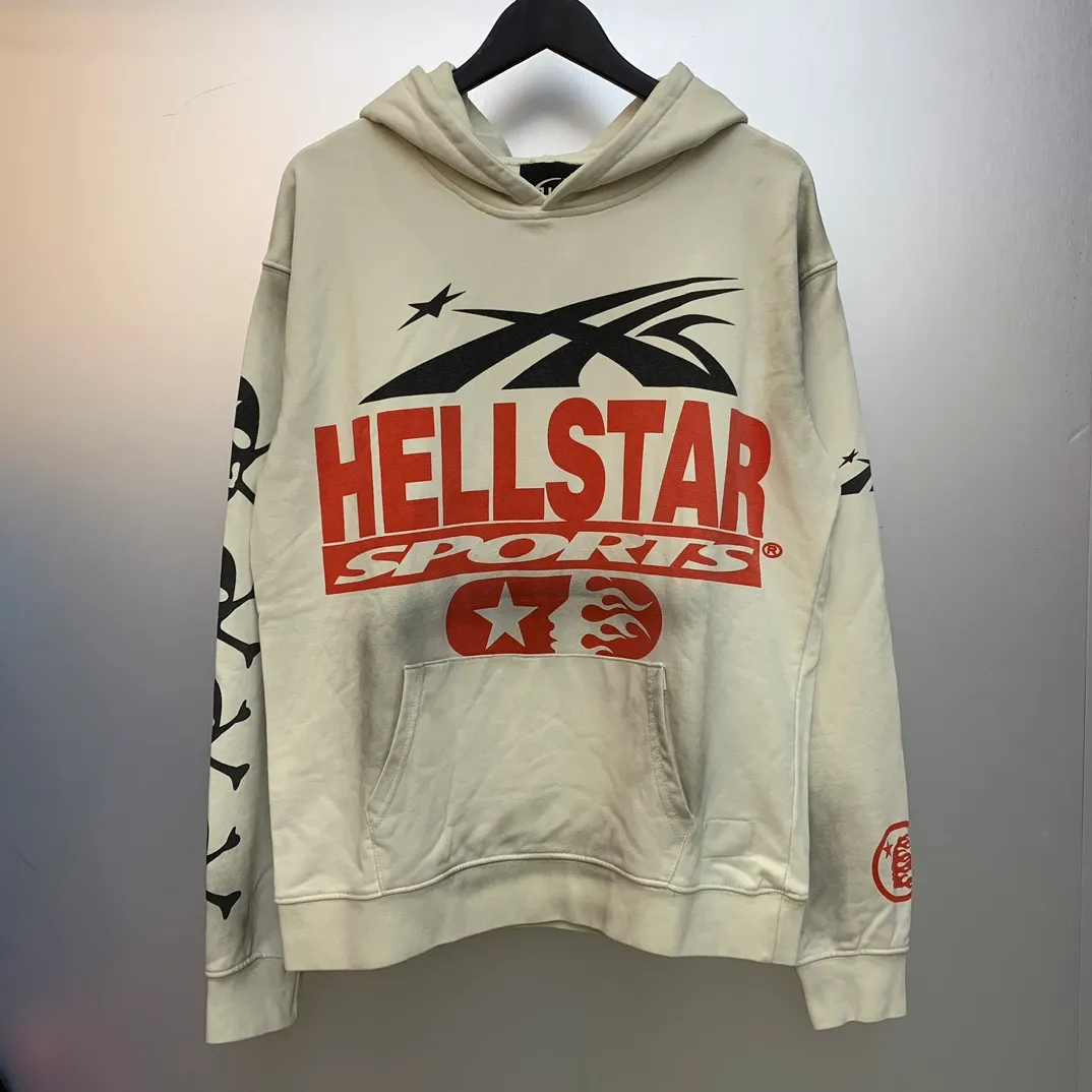 P240 Hellstar Studios Don’t Like Us Beat Us Hooded Sweatshirt Distressed washed trendy brand high-quality sweatshirt hoodie color (color): beige Size (size): S, M, L, XL