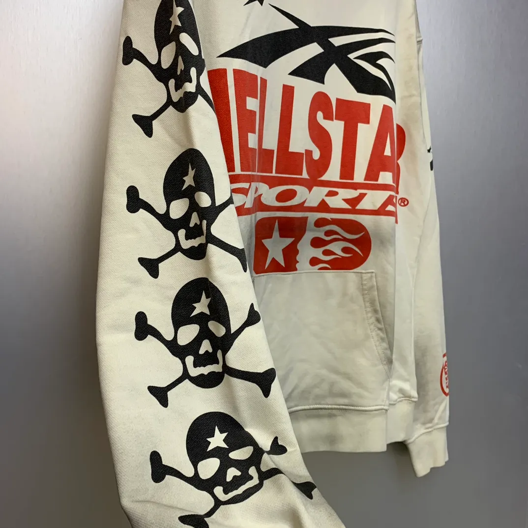 P240 Hellstar Studios Don’t Like Us Beat Us Hooded Sweatshirt Distressed washed trendy brand high-quality sweatshirt hoodie color (color): beige Size (size): S, M, L, XL