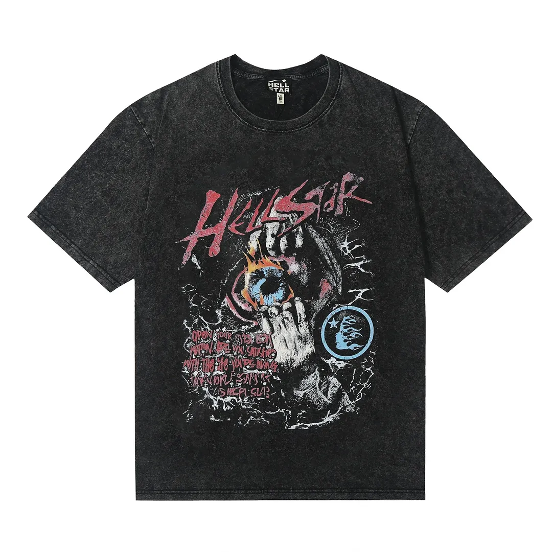 7719# P118 Washed Hellstar Hellstar ins same style retro printed tops for men and women, casual and trendy pure cotton washed short-sleeved T-shirt Color: Black Size: S M L XL