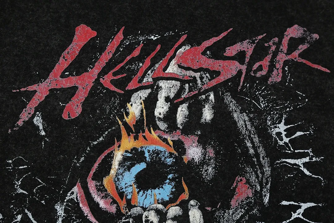 7719# P118 Washed Hellstar Hellstar ins same style retro printed tops for men and women, casual and trendy pure cotton washed short-sleeved T-shirt Color: Black Size: S M L XL