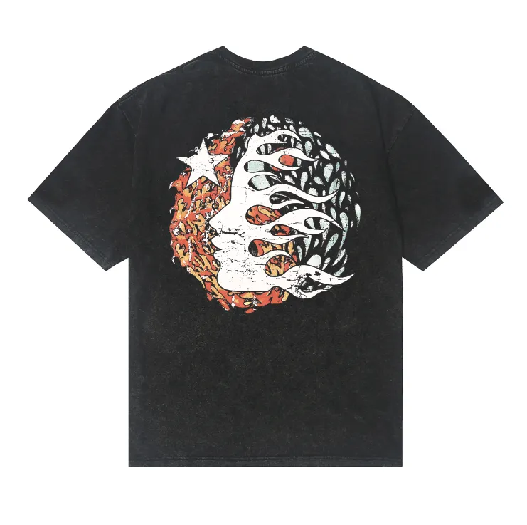 7745# P124 Washed Hellstar Hellstar ins same style retro printed tops for men and women, casual and trendy pure cotton washed short-sleeved T-shirt Color: Black Size: S M L XL