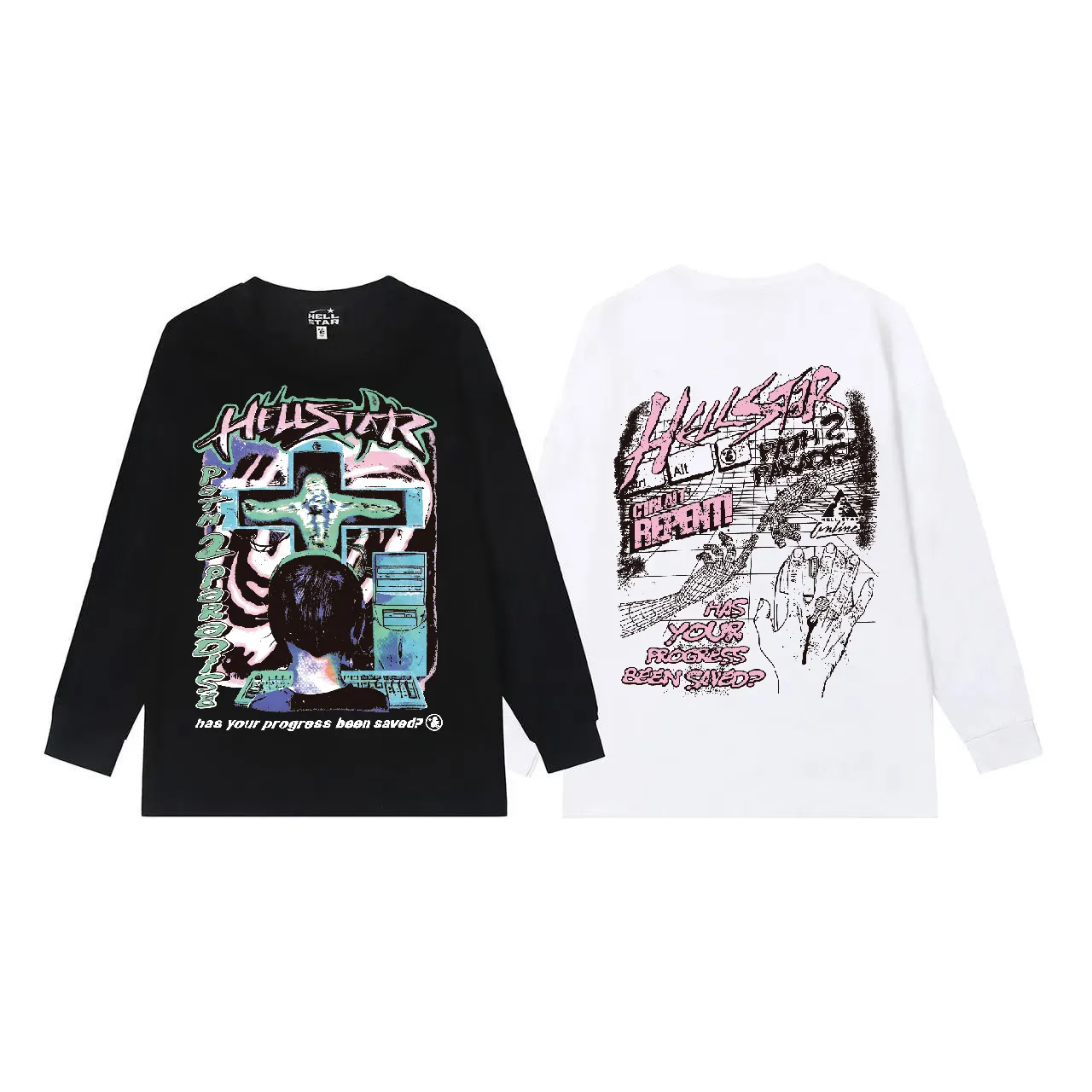 5528# P136 Hellstar Hellstar letter print lightning high street men and women hip-hop loose long-sleeved T-shirt Color: Black White Size: S M L XL
