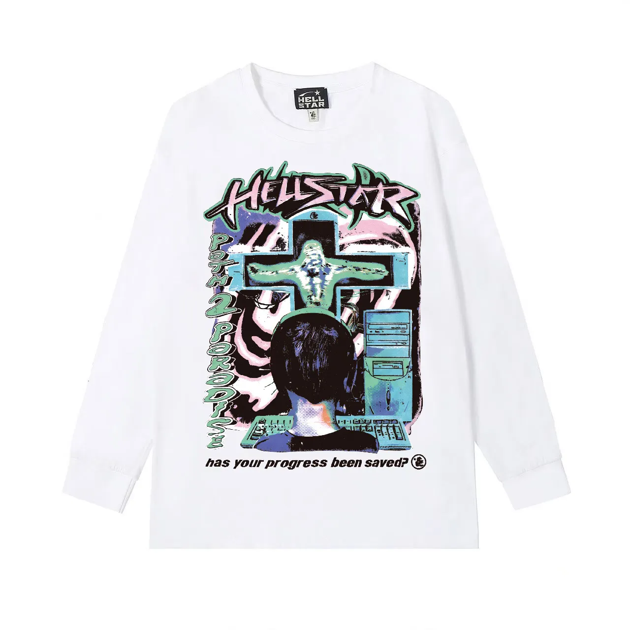 5528# P136 Hellstar Hellstar letter print lightning high street men and women hip-hop loose long-sleeved T-shirt Color: Black White Size: S M L XL