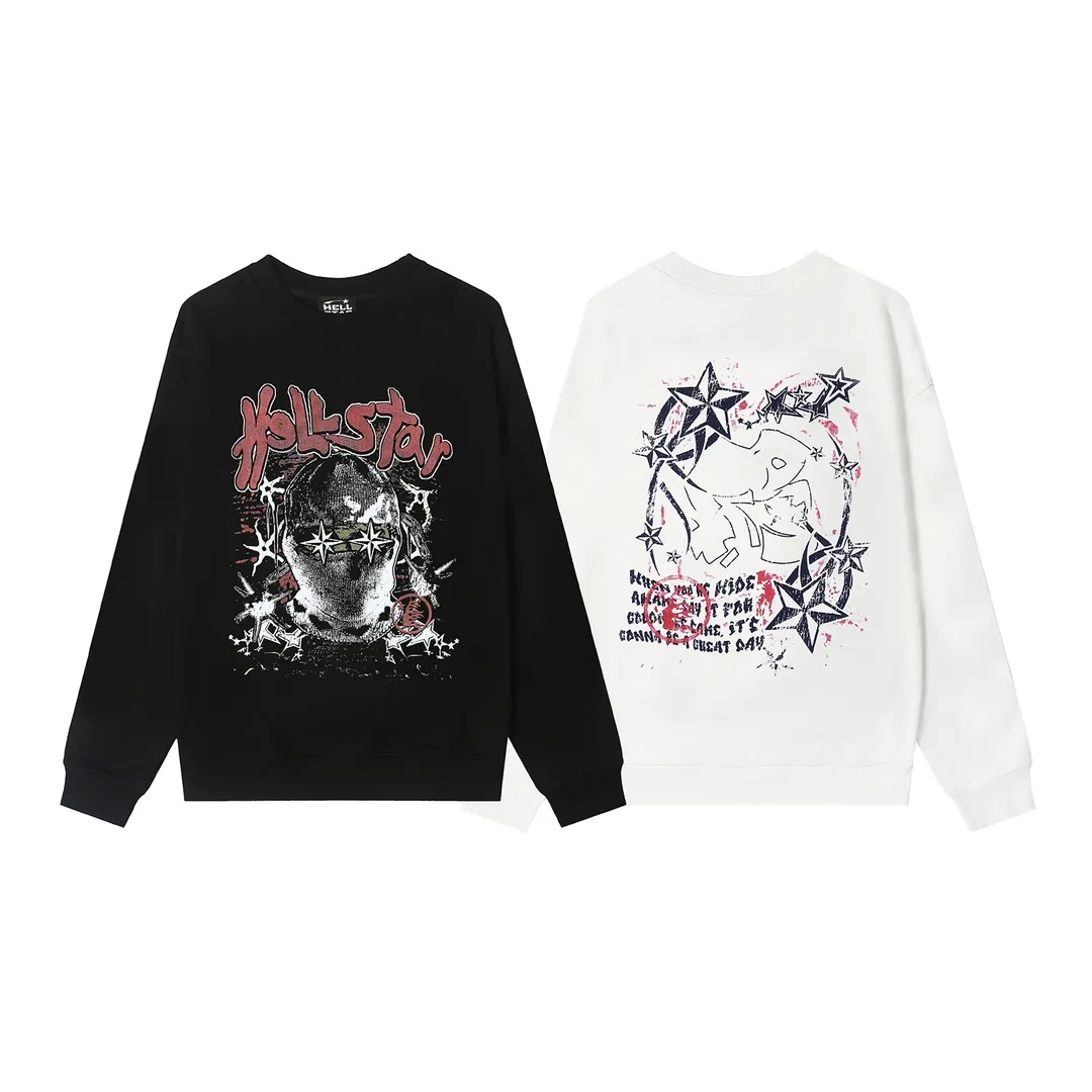 8822# P160 Hellstar high quality Hellstar American trendy printed cotton terry crew neck sweatshirt Color: White Black Size: S M L XL