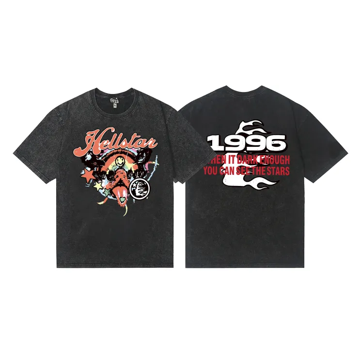7744# P124 Washed Hellstar Hellstar ins same style retro printed tops for men and women, casual and trendy pure cotton washed short-sleeved T-shirt Color: Black Size: S M L XL