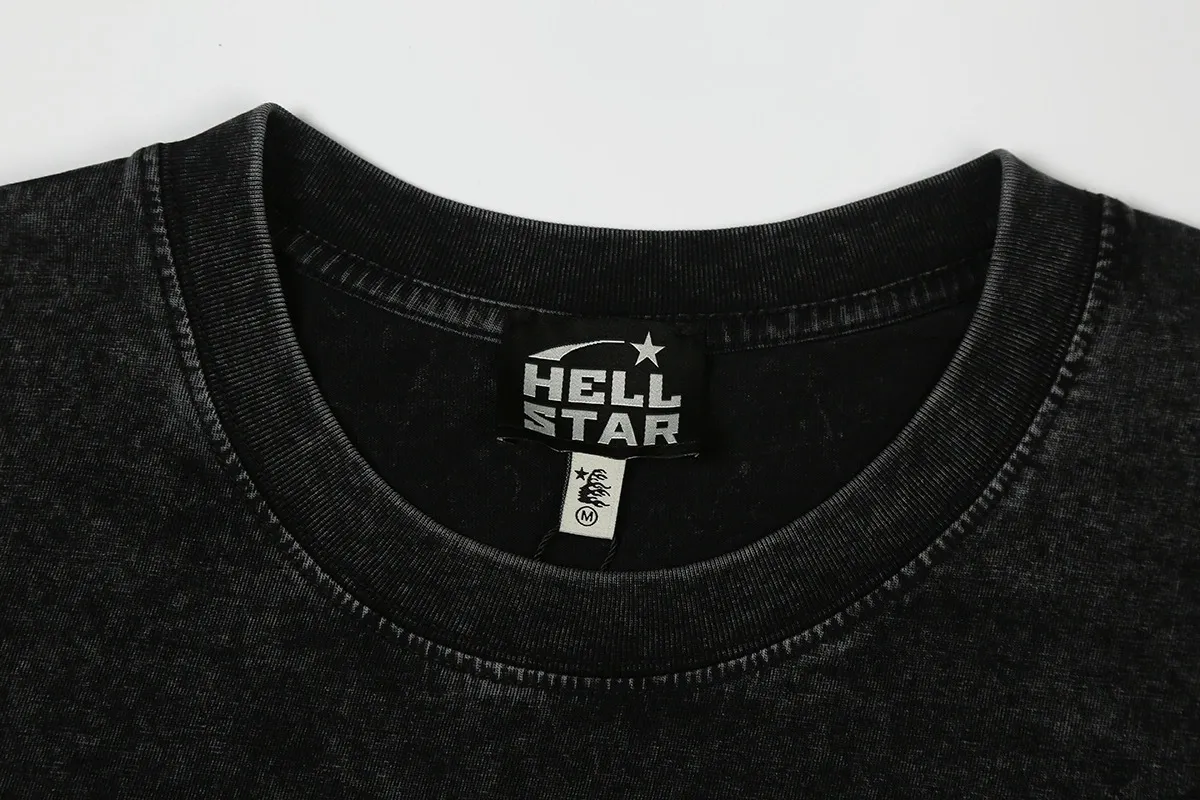 7744# P124 Washed Hellstar Hellstar ins same style retro printed tops for men and women, casual and trendy pure cotton washed short-sleeved T-shirt Color: Black Size: S M L XL
