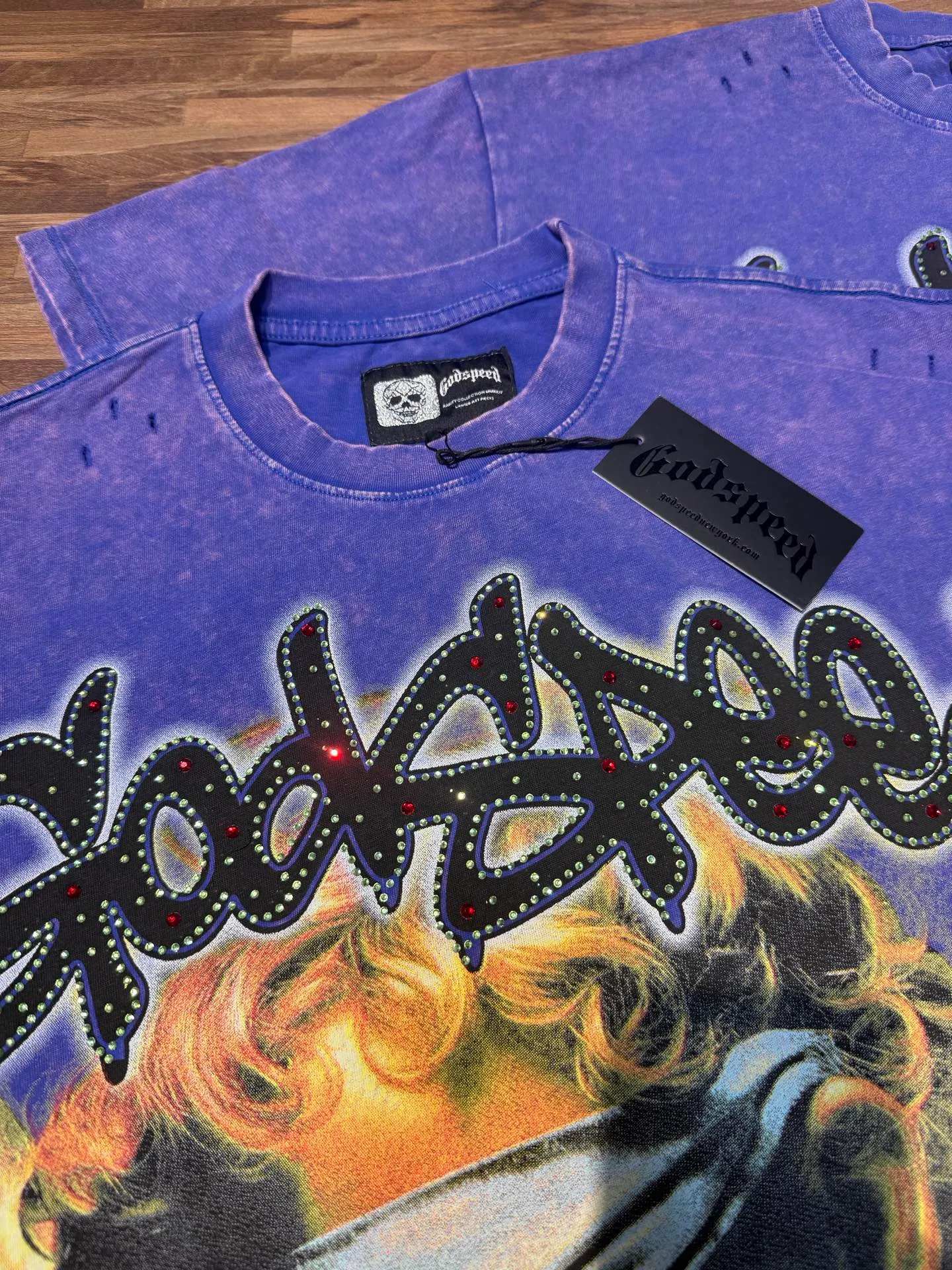 P136 godspeed (holes + hot Australian diamonds) real stock / cross-border American rock and roll street washed retro style short-sleeved T (digital high-definition printing) fabric (fabric): 32 count combed double yarn 250 grams weight code number (size): S-M-L-XL color (colour): washed black/washed violet