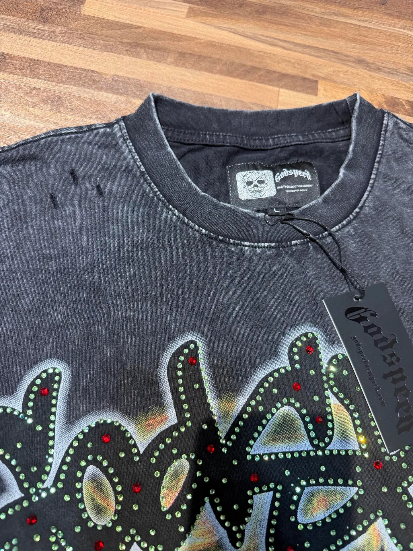 P136 godspeed (holes + hot Australian diamonds) real stock / cross-border American rock and roll street washed retro style short-sleeved T (digital high-definition printing) fabric (fabric): 32 count combed double yarn 250 grams weight code number (size): S-M-L-XL color (colour): washed black/washed violet
