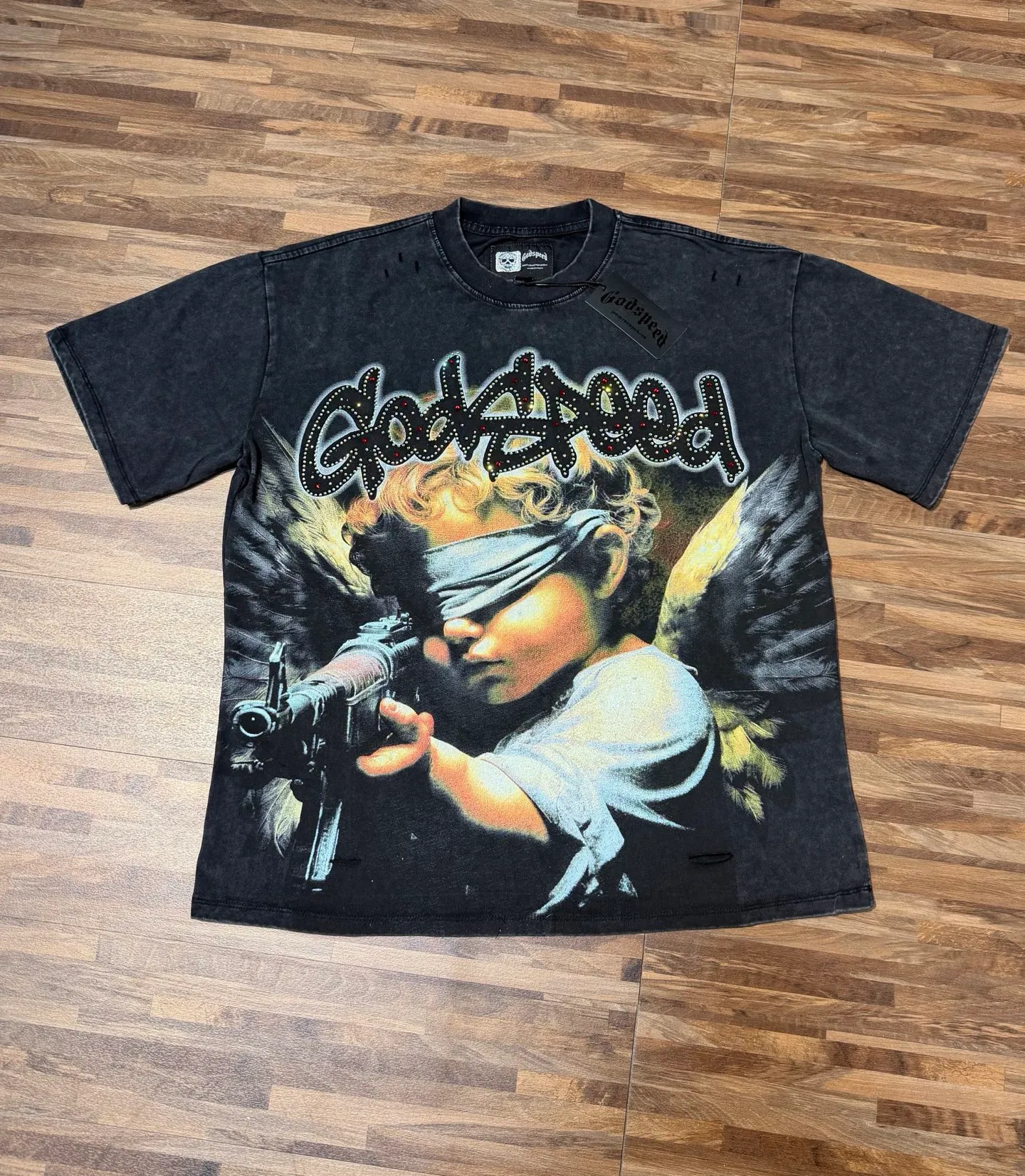 P136 godspeed (holes + hot Australian diamonds) real stock / cross-border American rock and roll street washed retro style short-sleeved T (digital high-definition printing) fabric (fabric): 32 count combed double yarn 250 grams weight code number (size): S-M-L-XL color (colour): washed black/washed violet