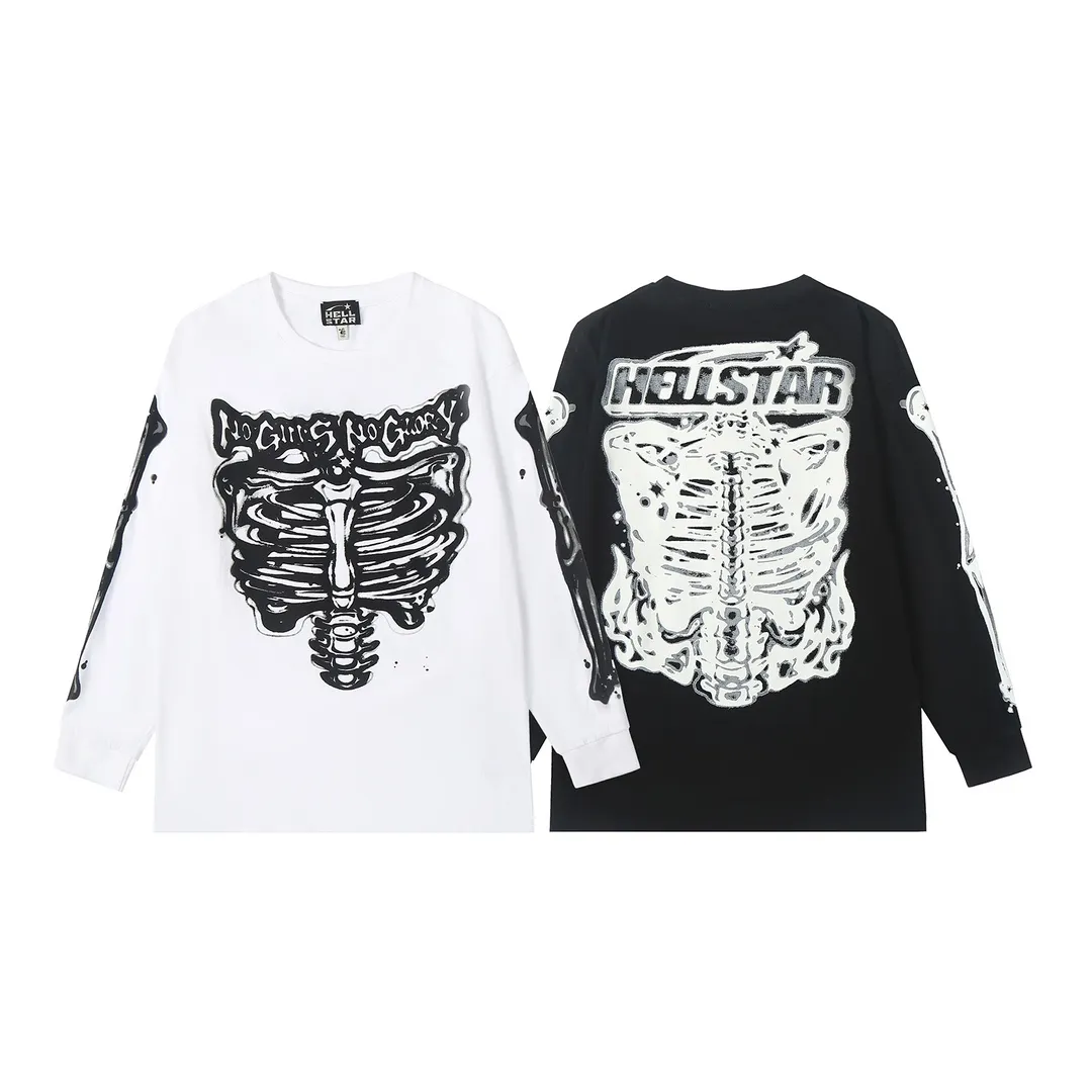 5505# P136 ins The same European and American trendy Hell Star letter print lightning high street men and women hip-hop loose long-sleeved T-shirt Color: White Black Size: S M L XL