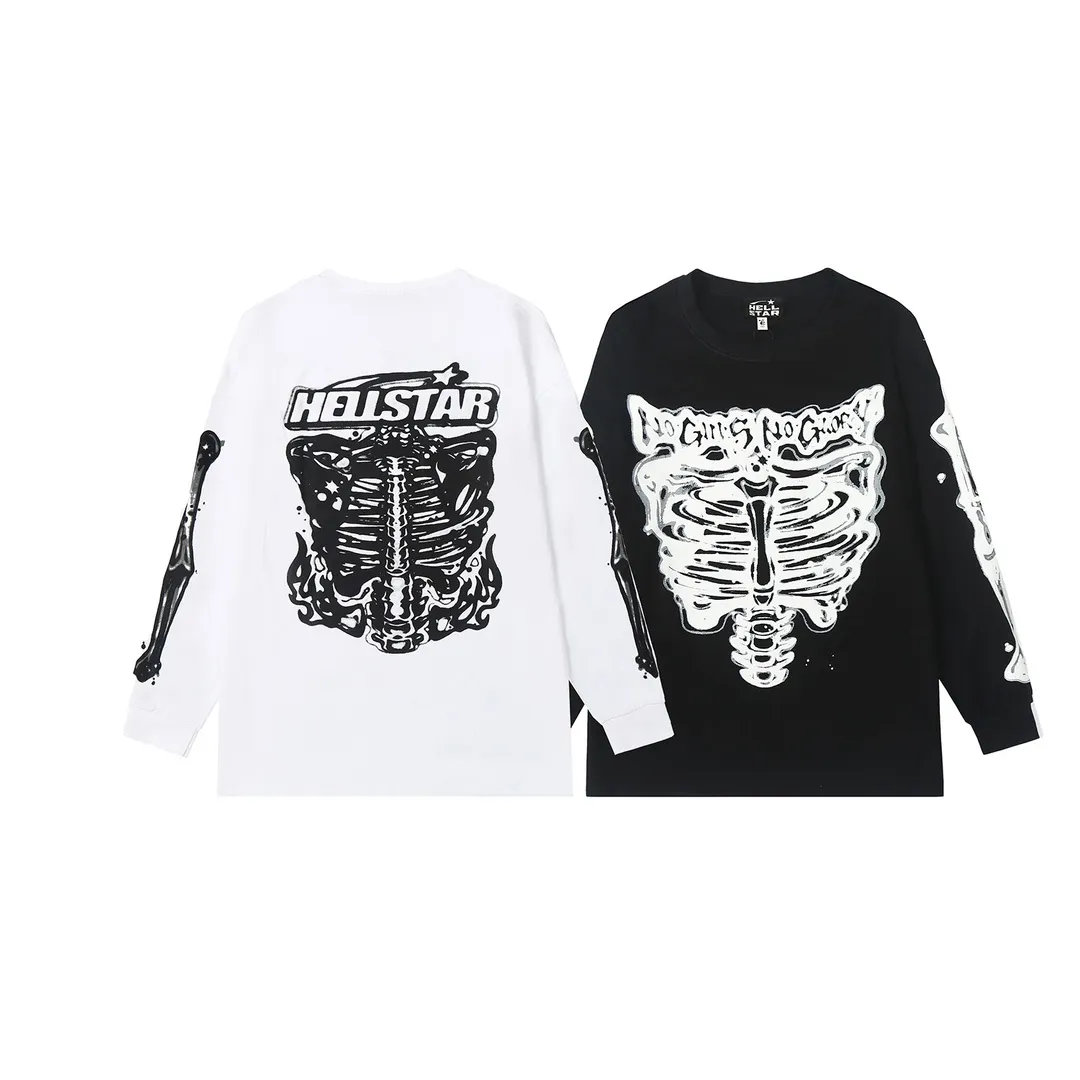 5505# P136 ins The same European and American trendy Hell Star letter print lightning high street men and women hip-hop loose long-sleeved T-shirt Color: White Black Size: S M L XL