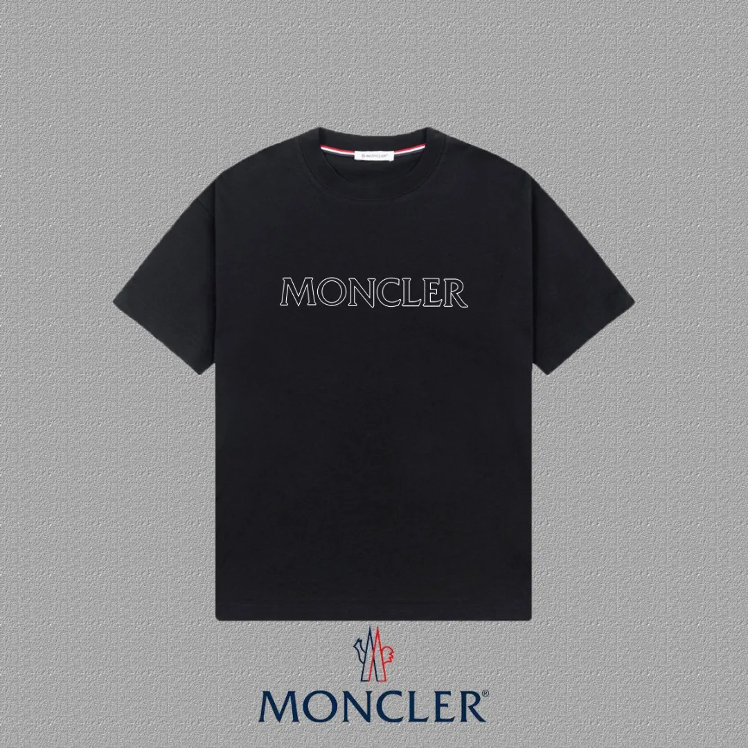 P140 [MONCLER] 2025FW short-sleeved T-shirt, LOGO printing, high-end 26s double yarn 300g fabric, heavy fabric, custom stretcher rib, same vat and dye, three standard complete, same style for men and women, color: black, white, size: S M L XL 2XL